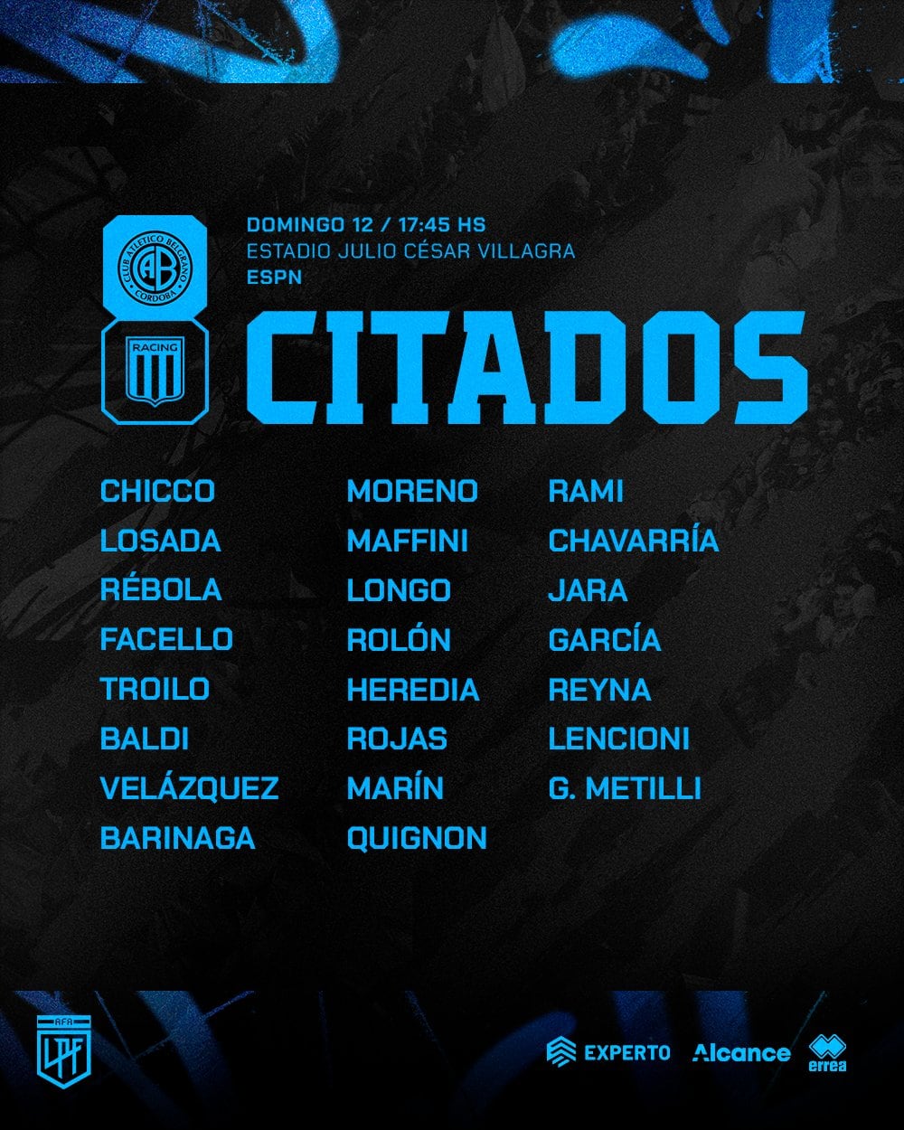 Los citados de Juan Real para recibir a Racing (Prensa Belgrano).