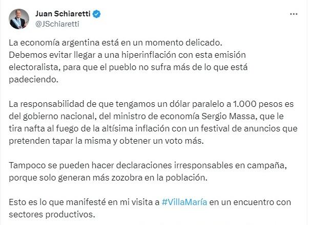 El mensaje de Juan Schiaretti.