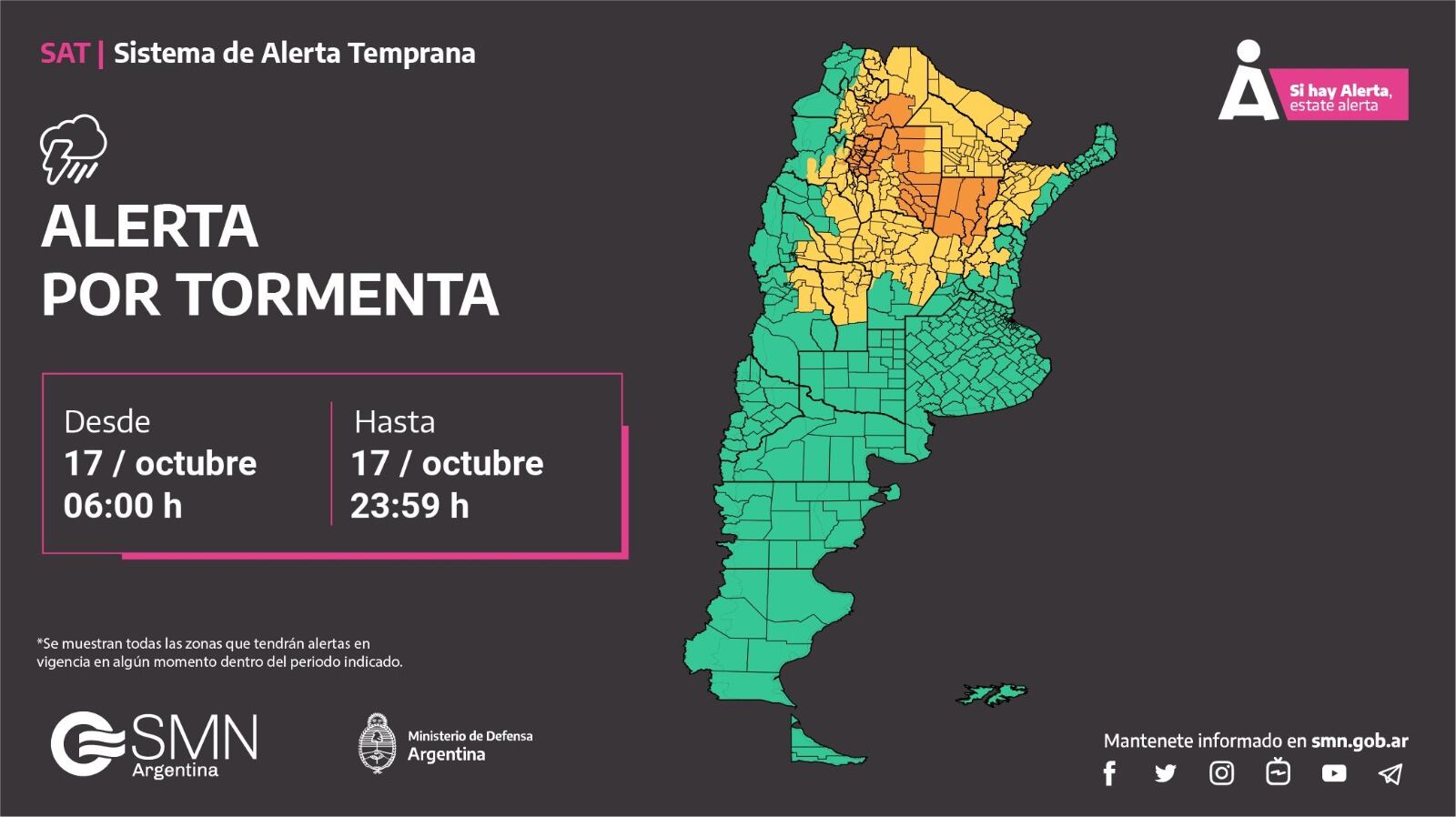 Alerta amarilla por tormentas en Córdoba.