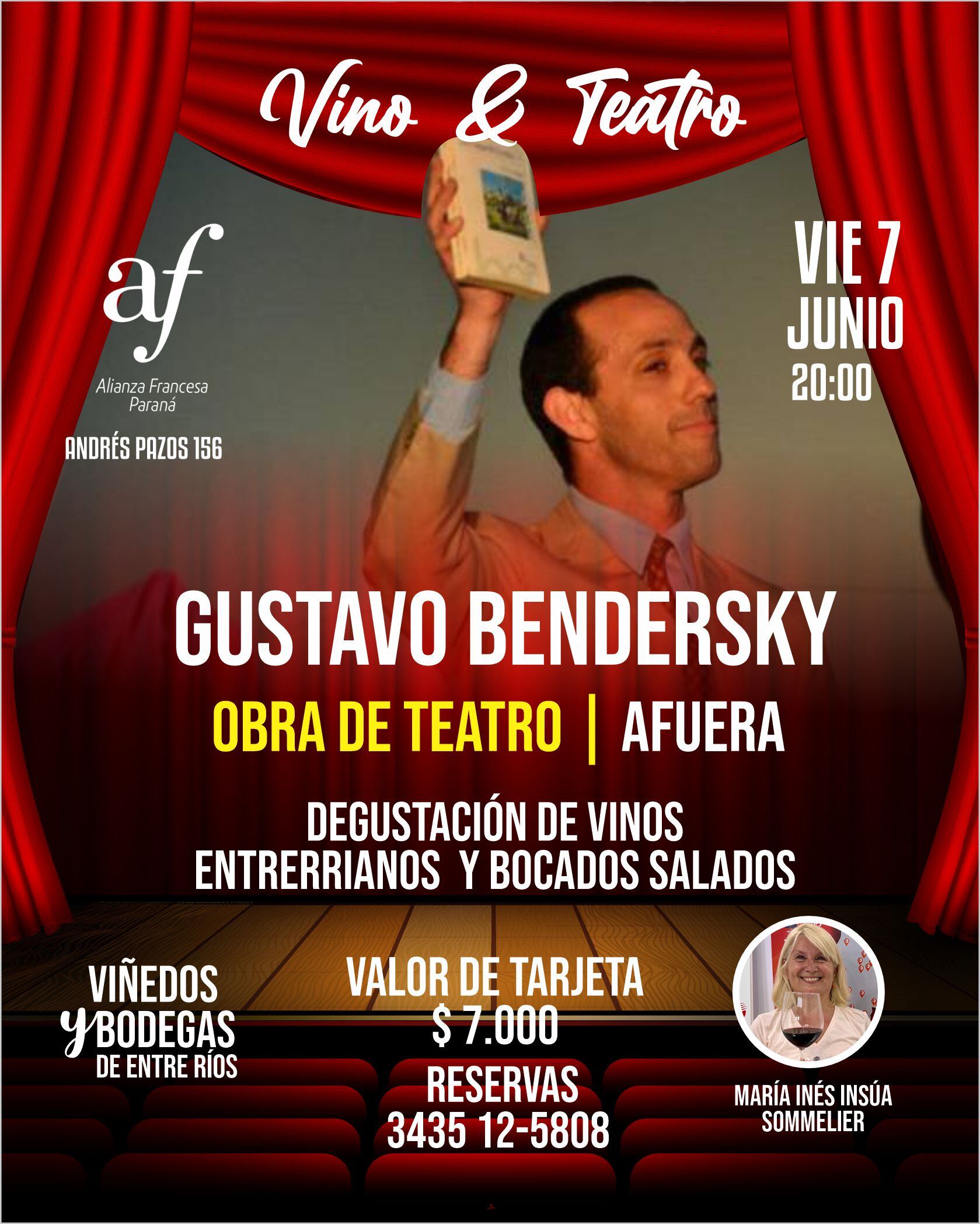 Vino y teatro. La propuesta para este viernes 7 de junio en la Alizanza Francesa.