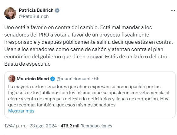 La crítica de Patricia Bullrich contra Mauricio Macri y su accionar