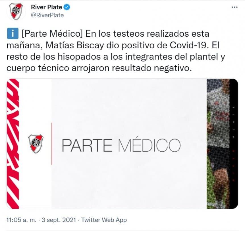 Matías Biscay, positivo de coronavirus en River.