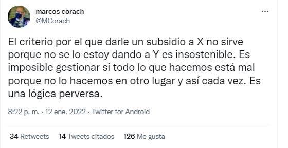 Tweets del Ministro de la Gestión Pública, Marcos Corach, tras la polémica por el nuevo subsidio a Sportivo Norte