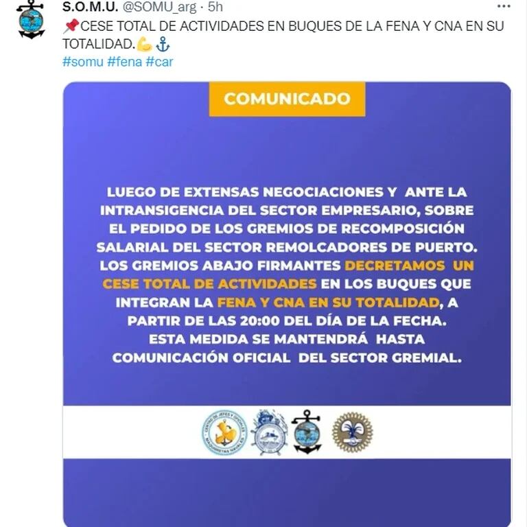 El comunicado de SOMU sobre la medida de fuerza.