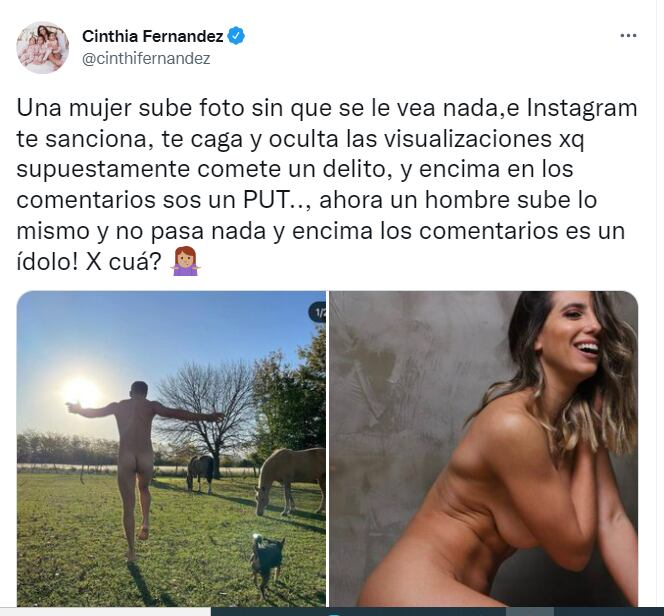 La publicación de Cinthia Fernández sobre la censura selectiva.