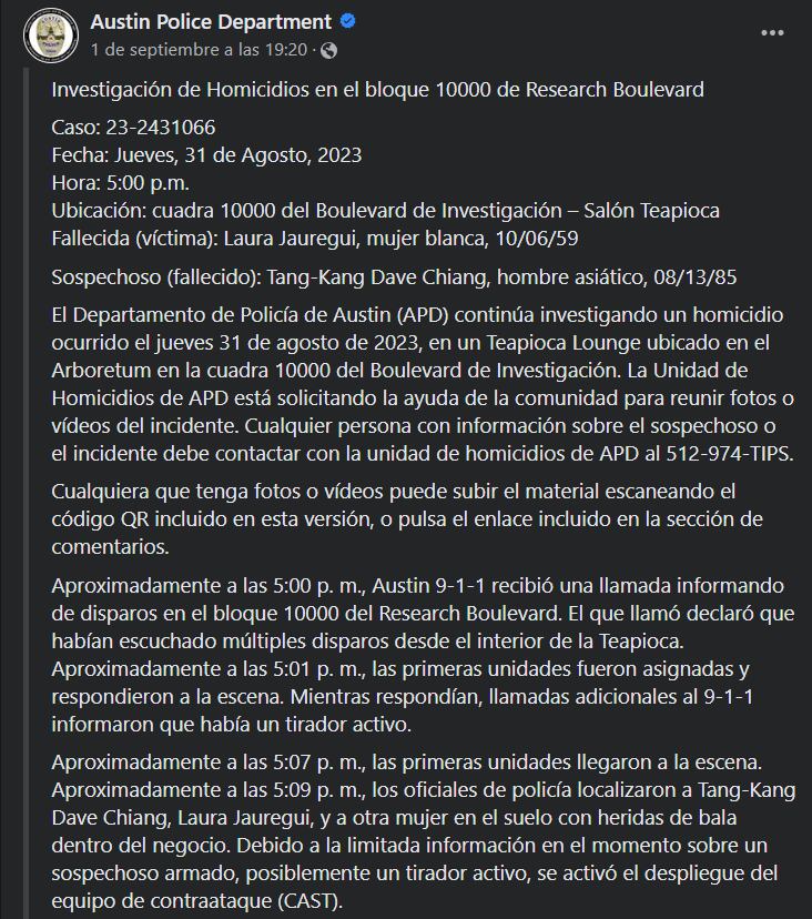 Posteo de la Policía de Austin, Estados Unidos, tras el crimen. Foto Captura: Facebook / Austin Police Department