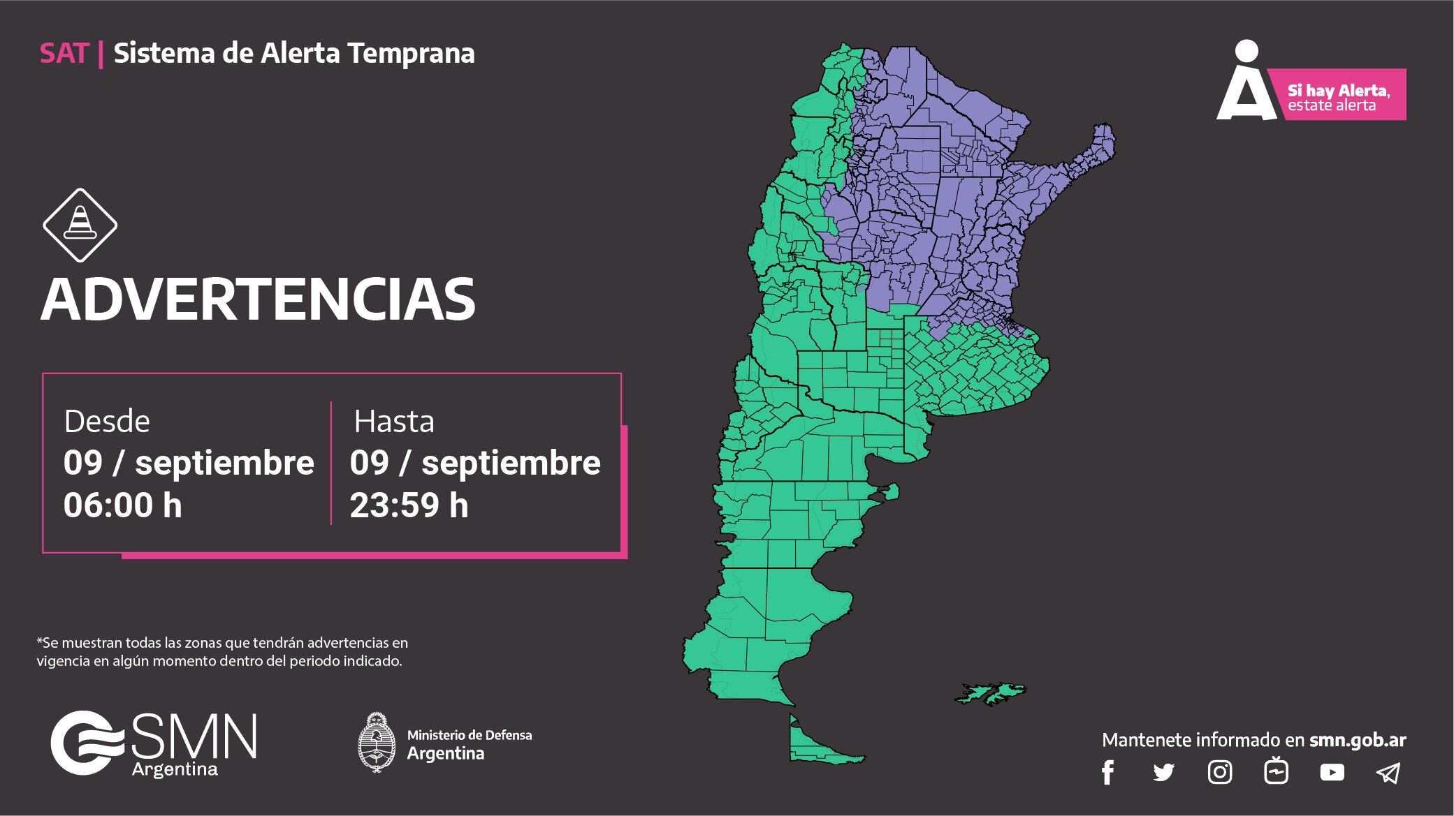 El Servicio Meteorológico Nacional emitió una alerta que abarca el AMBA, municipios del norte bonaerense y otras 13 provincias.
