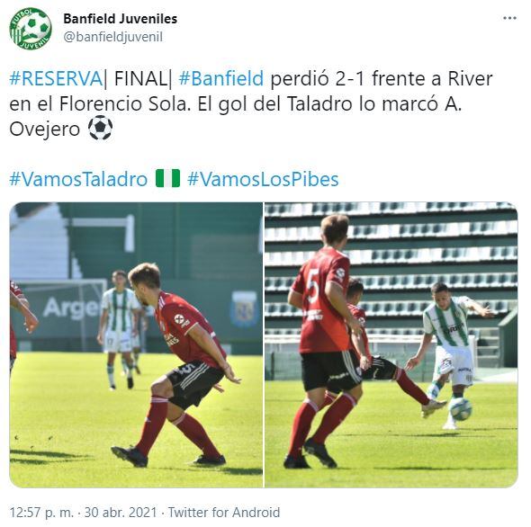 Banfield perdió 2-1 contra River en el torneo de Reserva.