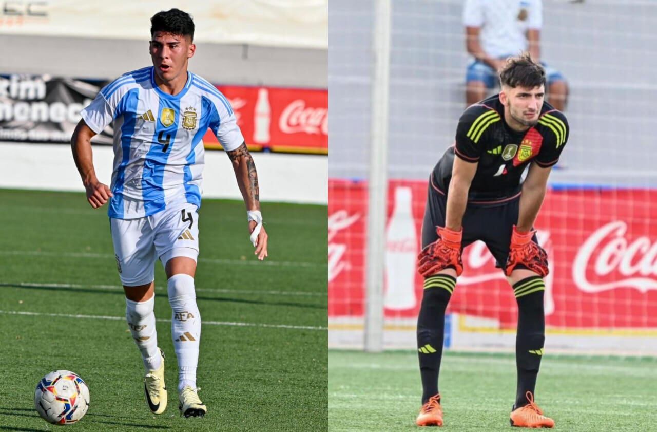 Tomás Olmos y Santino Barbi, finalistas con la selección sub 20 que dirige Diego Placente. Este martes a las 17.30 van contra Uruguay. (Prensa Selección Argentina).