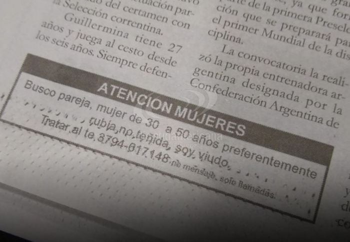 Un correntino puso un aviso en el diario para hallar pareja.