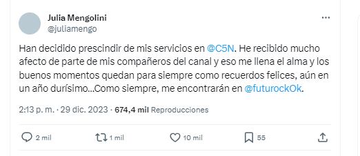 Julia Mengolini anunció que le despidieron de C5N