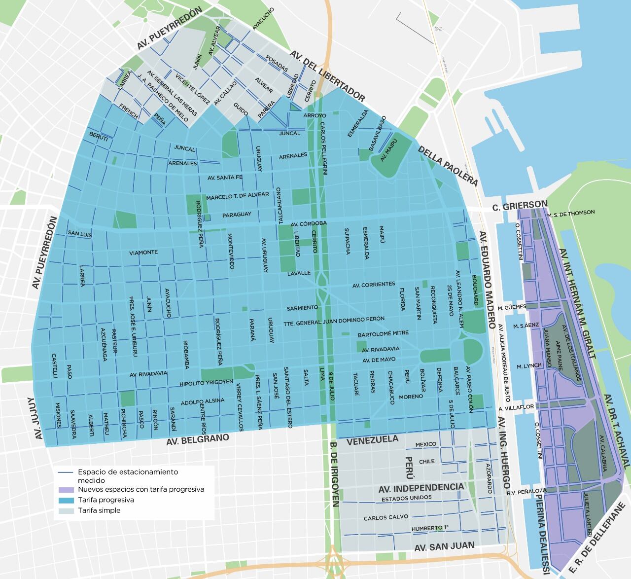 El mapa donde rige el estacionamiento medido en la ciudad de Buenos Aires.