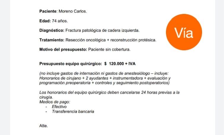 Estudios médicos y presupuesto de la operación para el recambio de cadera. Vende un bono contribución para ayudar a su papá.