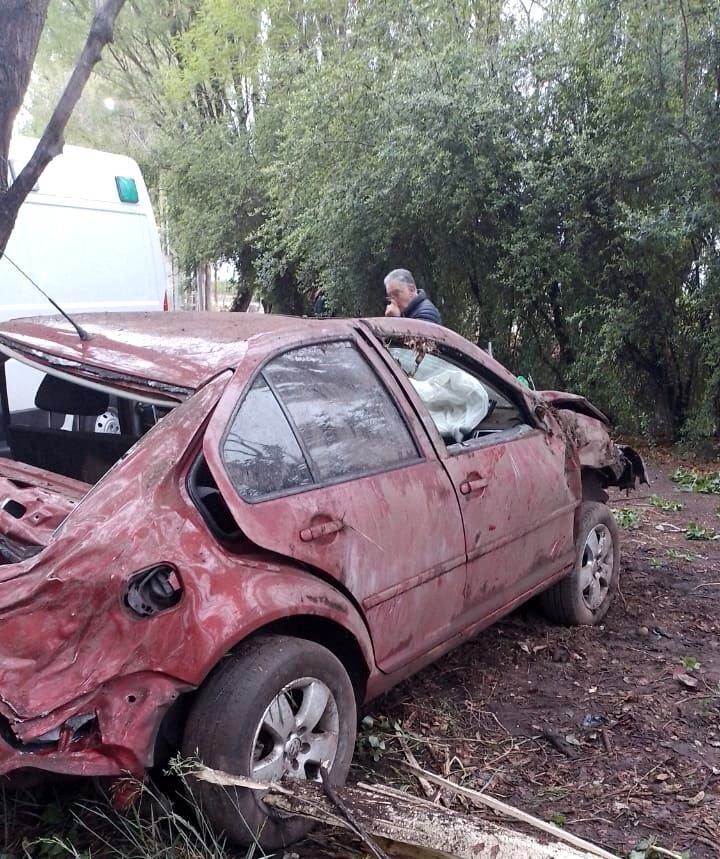 Así quedó el VW Bora luego de chocar contra unos álamos. El conductor está grave.