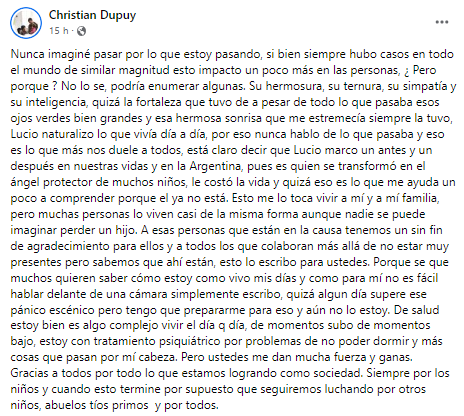 Christian Dupuy recordó a su hijo y reflexionó sobre la muerte de Lucio.