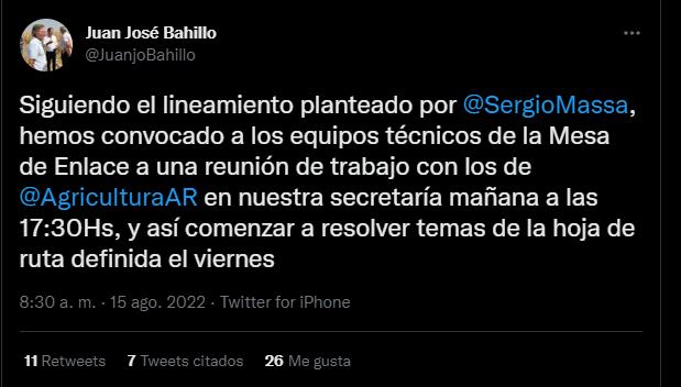 Juan José Bahillo confirmó que este martes habrá una nueva renunión con la Mesa de Enlace.