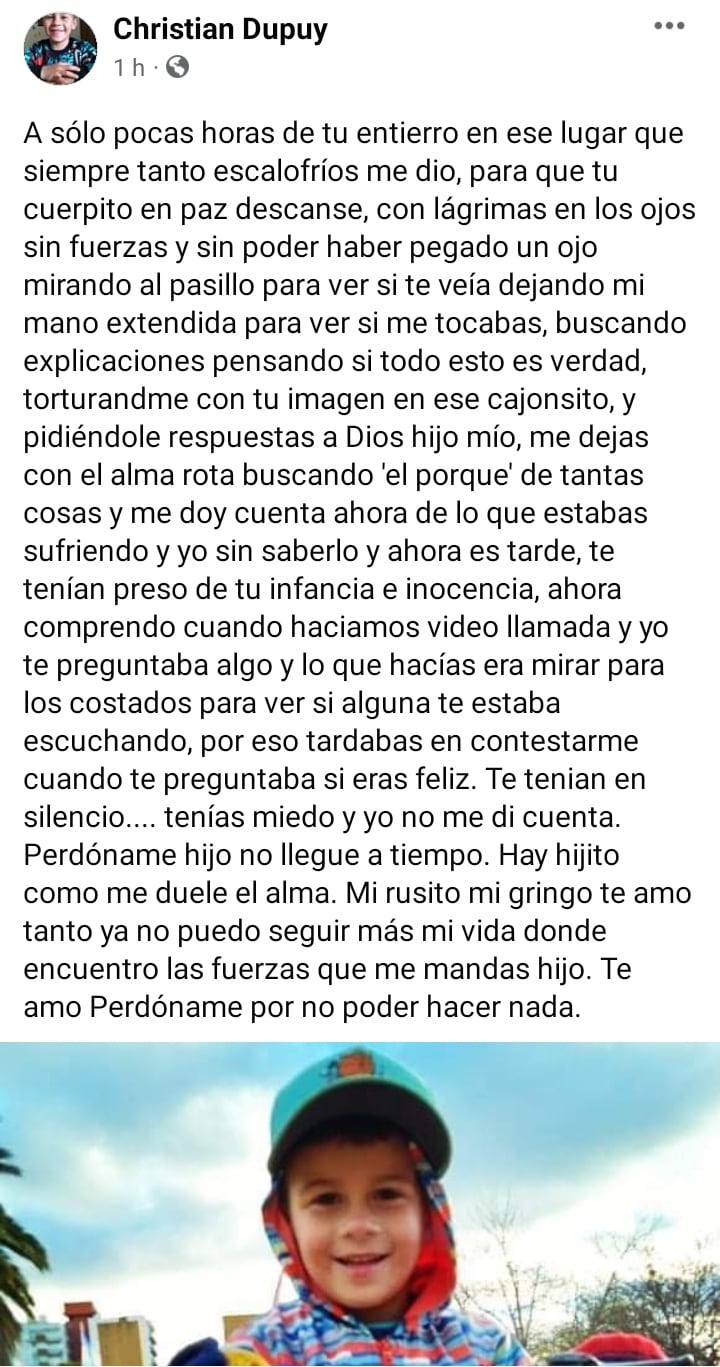 El emotivo mensaje del padre de Lucio Dupuy: ”Perdóname hijo, no llegué a tiempo”