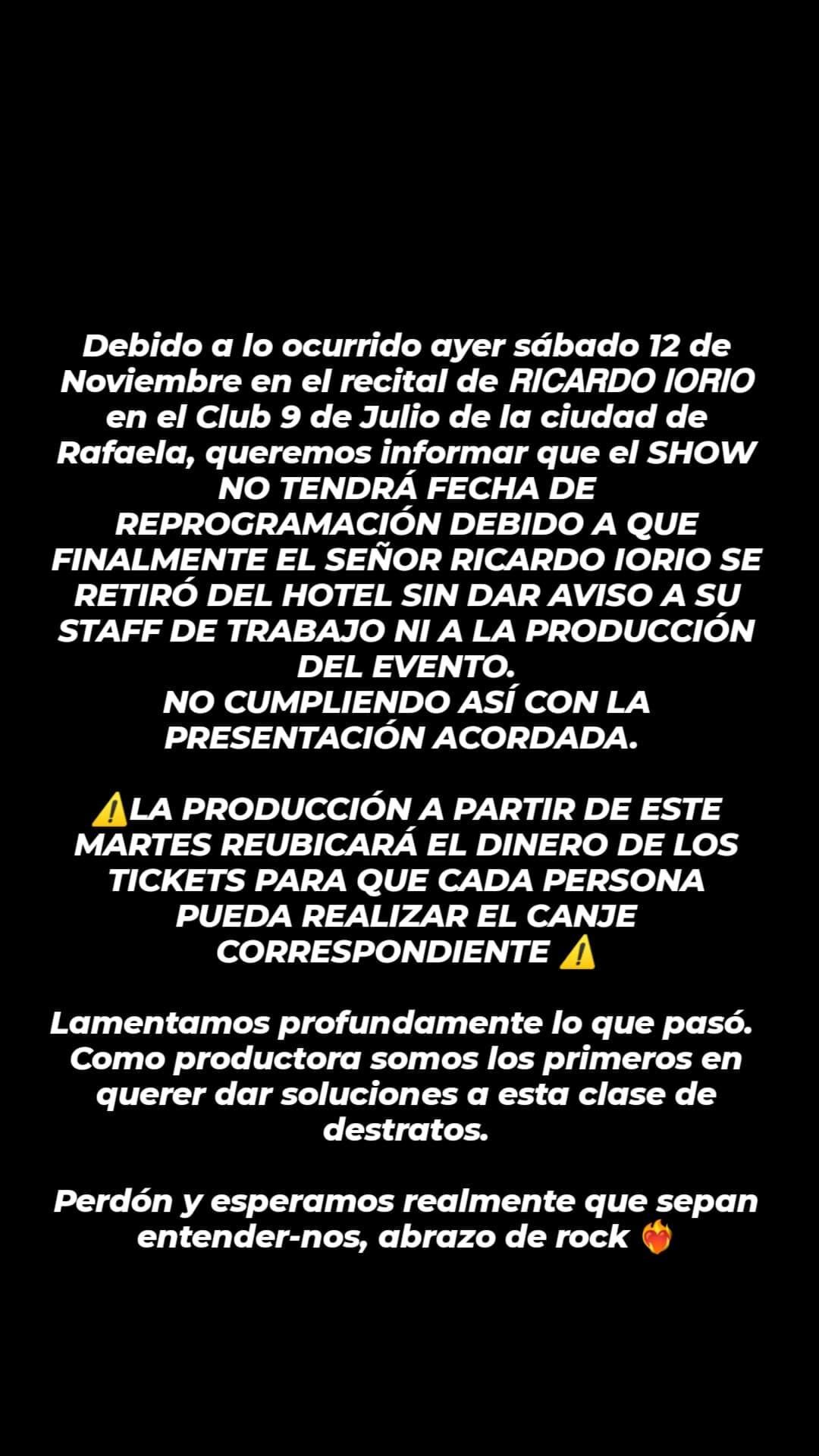 El comunicado de la productora tras la cancelación del show de Ricardo Iorio en Rafaela