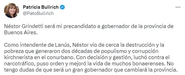 El mensaje de Bullrich en Twitter