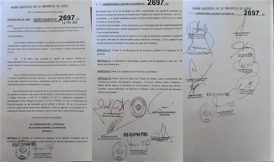 El decreto acuerdo 2.697 emitido por el Gobierno de la Provincia, que contempla estabilidad para trabajadores contratados bajo el régimen de locación de servicios y para jornalizados de jurisdicciones municipales.