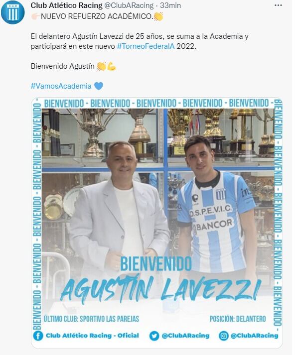 Manuel Pérez anunció al primer refuerzo de Racing, el delantero Agustín Lavezzi.