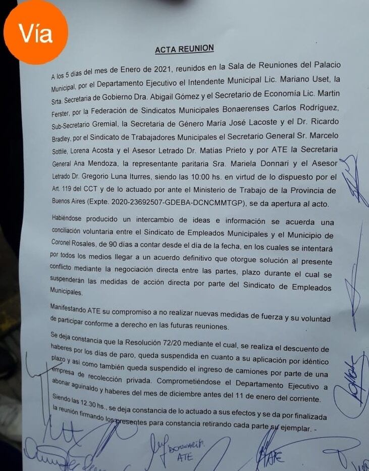 Acta en la que el Departamento Ejecutivo y el STM firman la conciliación voluntaria