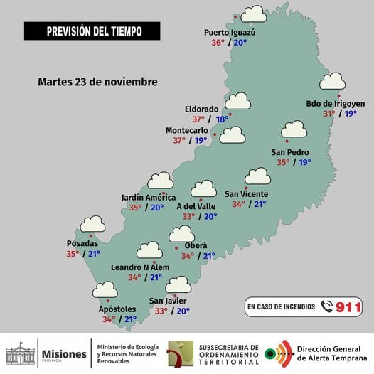 Nueva jornada de martes con calor intenso y cielo nublado en Misiones.