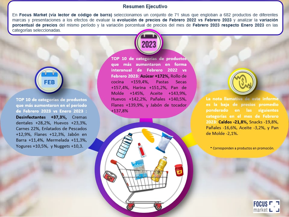 La evolución de precios de Febrero 2022 vs Febrero 2023 y analizar la variación porcentual de precios del mismo período y la variación porcentual de precios del mes de Febrero 2023 respecto Enero 2023 en las categorías seleccionadas.