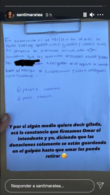 El documento firmado en el que la intendencia se compromete a entregar las donaciones.