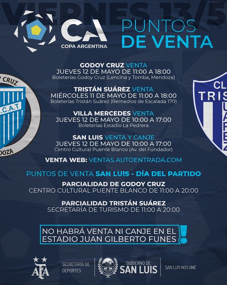 Puntos de venta presenciales. Godoy Cruz vs Tristán Suárez. Copa Argentina.