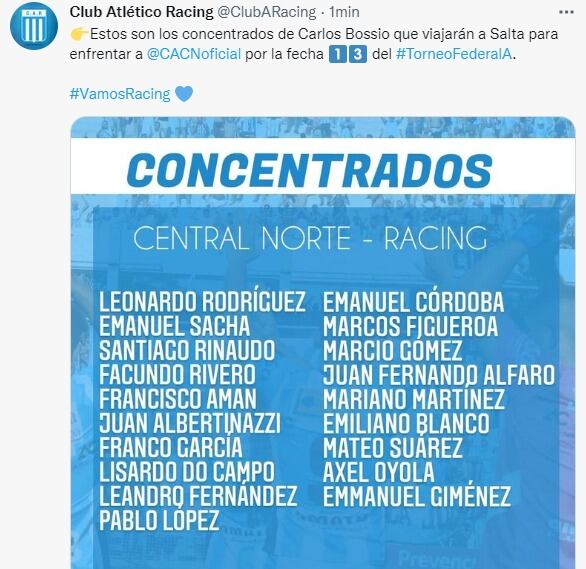 El plantel de Racing rumbo a Salta. Y de ahí, a La Rioja para Copa Argentina.