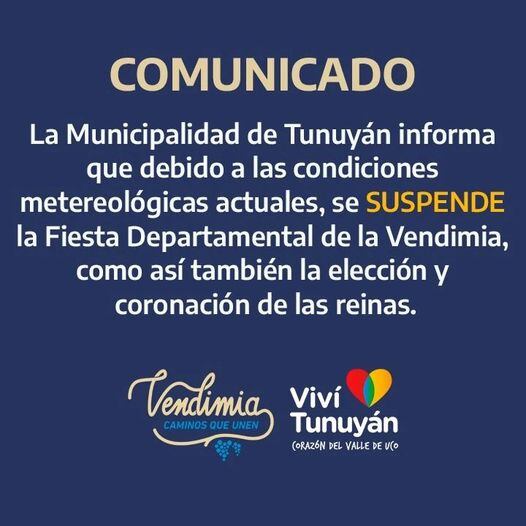 Suspenden la Vendimia de Tunuyán por mal tiempo.