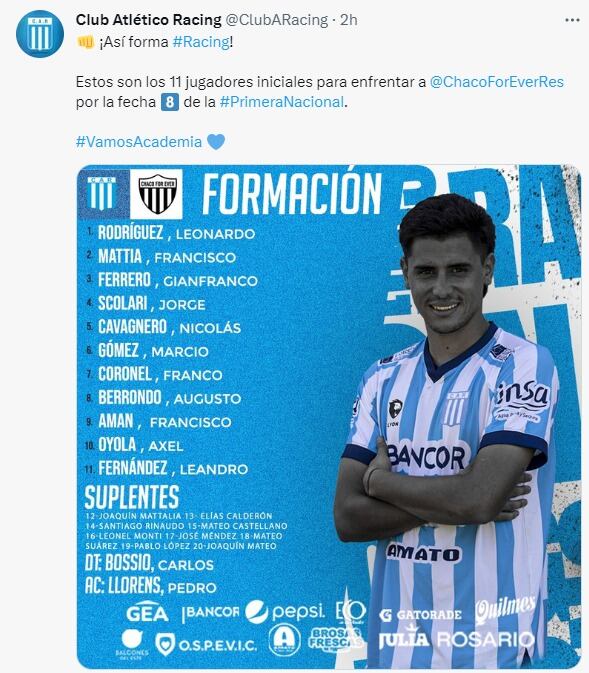 La formación con la que Racing volvió a la victoria en el Miguel Sancho.