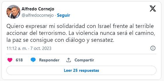 Tuit de Alfredo Corneo en repudio al terrorismo de Hamas a Israel