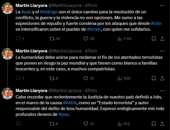 Martín Llaryora repudió el accionar de Irán contra Israel.