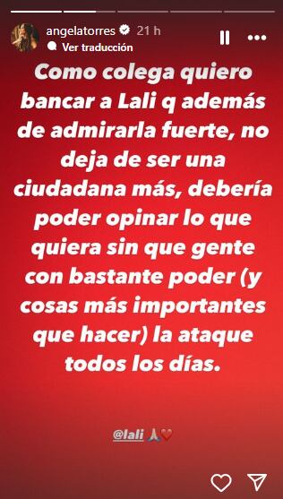 El apoyo de Ángela Torres para Lali Espósito.