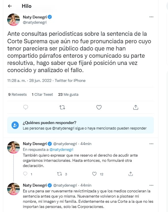 Twitter. Natalia Denegri usó esa red para dejar unos mensajes tras la resolución de la Corte Suprema de Justicia de la Nación.