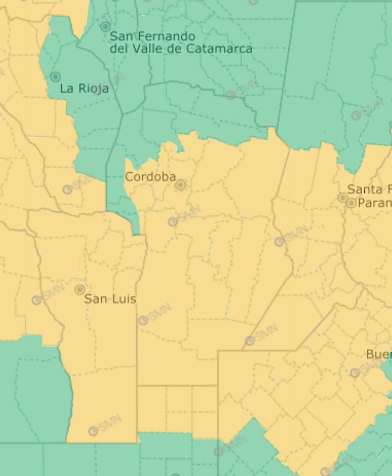 Alerta amarilla por tormentas en Córdoba,