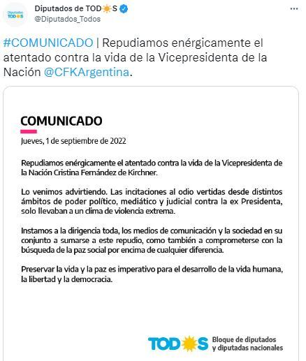 El comunicado del bloque de diputados del Frente de Todos