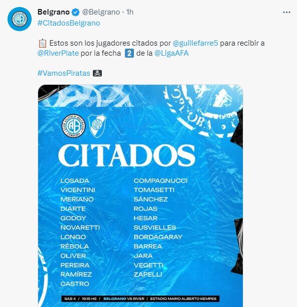 La lista de concentrados de Belgrano para recibir a River.