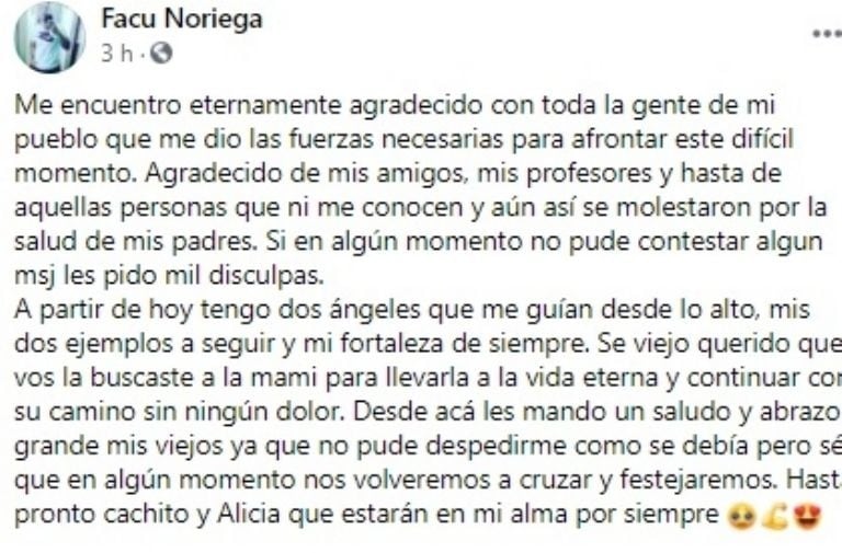 El posteo de Facundo, uno de los hijos del matrimonio que perdió la vida por Covid-19.