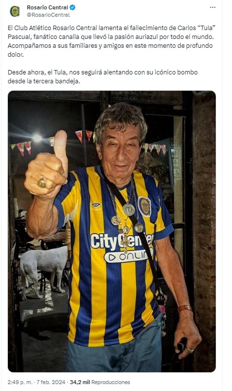 Tula era fanático de Rosario Central y llevaba el escudo a todos lados.