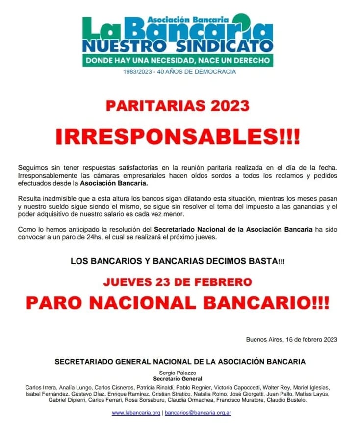 Comunicado oficial de La Bancaria.