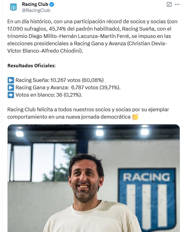 Diego Milito se convirtió en el nuevo presidente de Racing