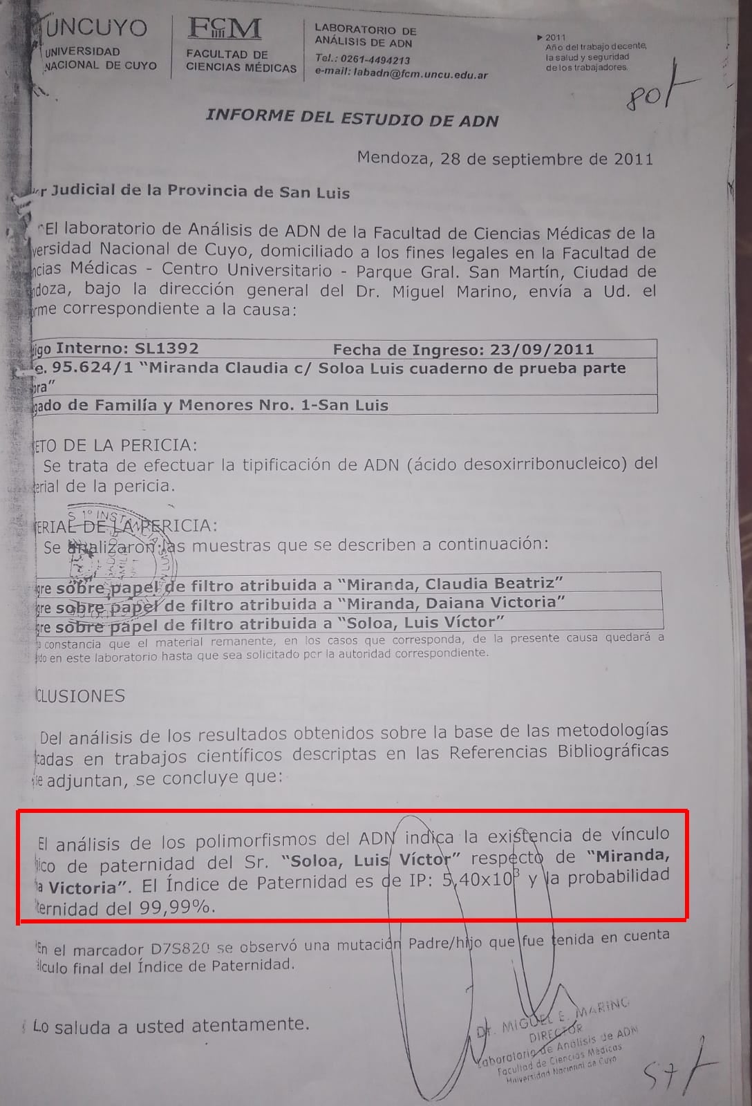 ADN causa de filiación contra Luis Soloa