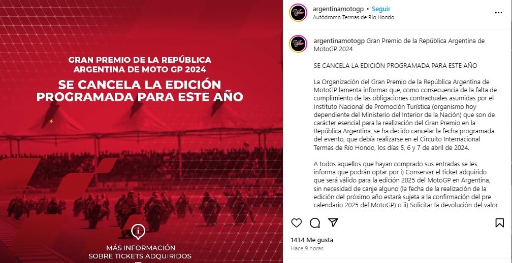 El anuncio en Instagram sobre la cancelación.