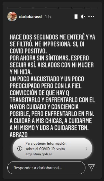 El mensaje que compartió Barassi en su cuenta de Instagram confirmando el positivo.