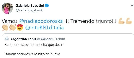 Gaby reaccionó de inmediato en Twitter al final del duelo en Roma.