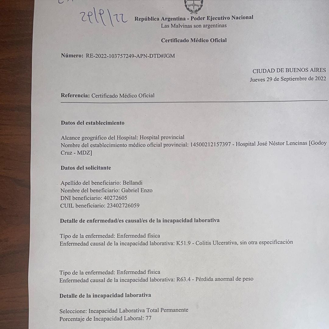 El certificado médico que verifica el dignóstico e incapacidad laboral de Gabriel Bellandi.