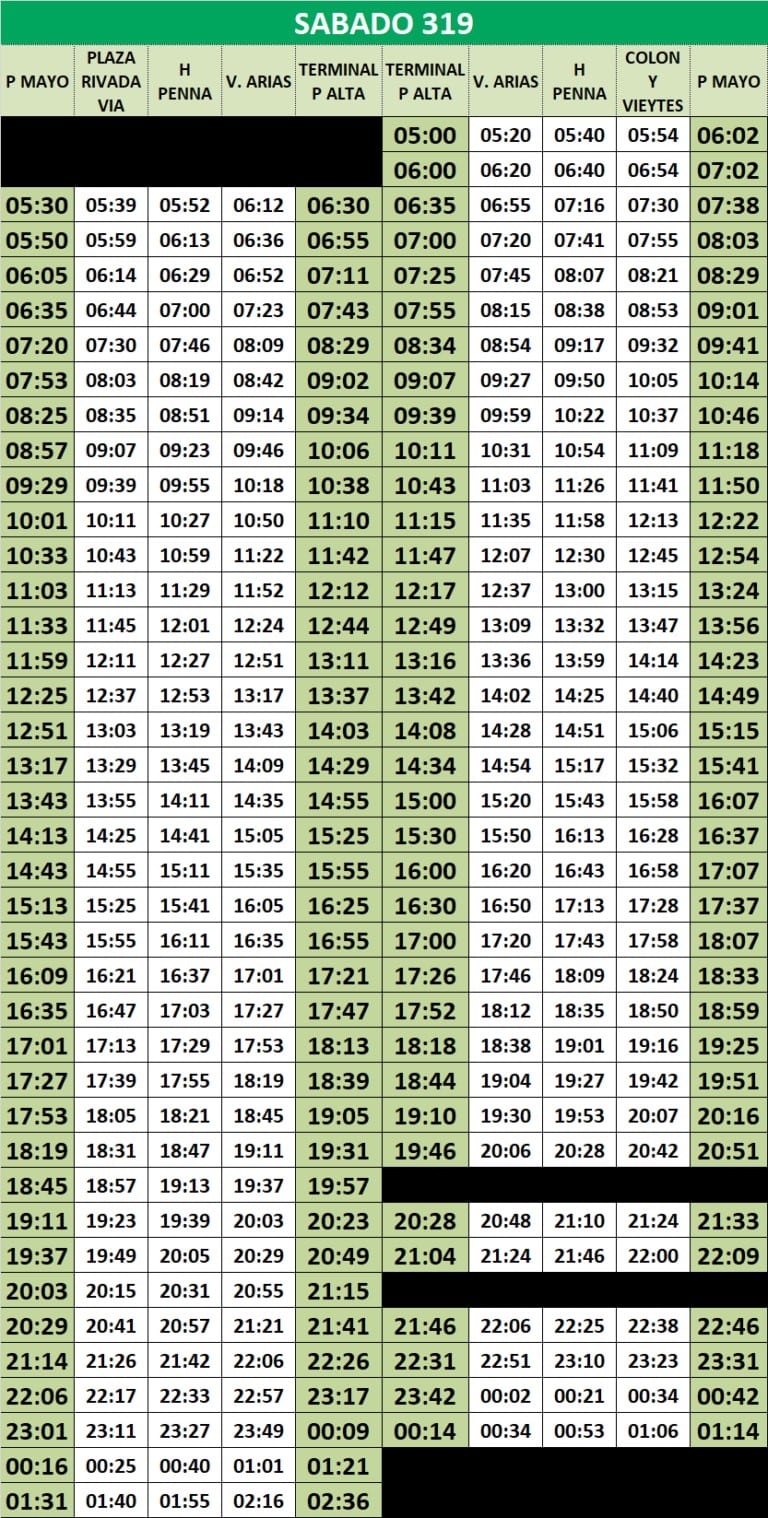 Horarios de verano días hábiles línea 319.